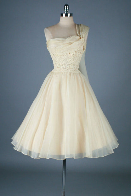 Vintage Ivory One-shoulder Collar Lace Pattern Ribbon Tulle A-line Birthday Party Homecoming Dress cc4553