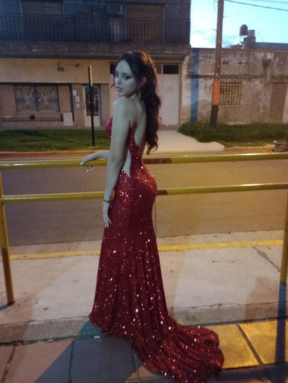 Sexy Red Mermaid Spaghetti Strap V-Neck Backless Sequin Train Prom Dress Evening Dress cc5254