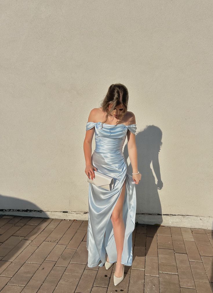 Elegant Ice Blue Off-the-shoulder Strapless Ruffled Split Satin Long Prom Dress Evening Dress cc5257