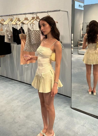 Sweet Light Yellow Suspender Pleated Waist Pleated Skirt Homecoming Dress cc4557
