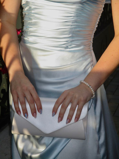 Elegant Ice Blue Off-the-shoulder Strapless Ruffled Split Satin Long Prom Dress Evening Dress cc5257