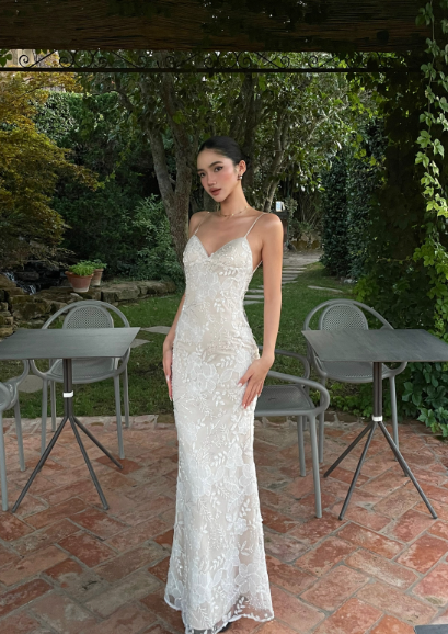 French Elegant Champagne Apricot Mermaid Spaghetti Strap Deep V-Neck Embroidered Lace Long Prom Dress Evening Dress cc5259