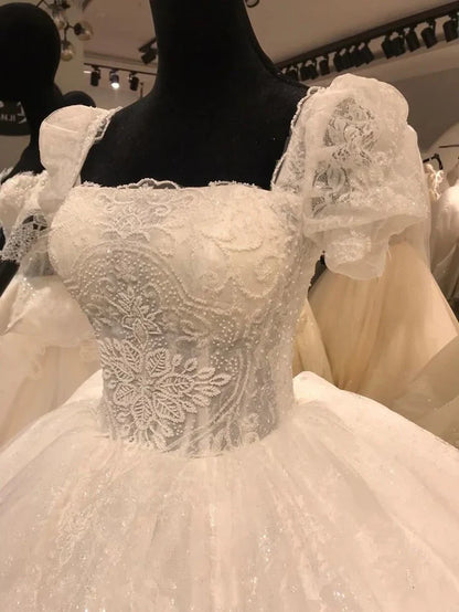 Princess White Square Neck Puff Sleeve Lace Beaded Tulle Tea-Length Wedding Dress cc5260