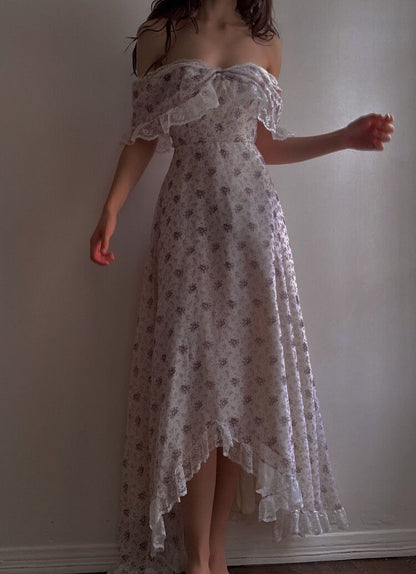 Sweet Light Purple Floral A-line V-Neck Lace Ruffled Chiffon Long Prom Dress Evening Dress cc5261