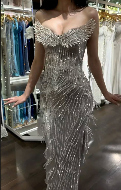 Gorgeous Silver Mermaid Strapless Slit Full Diamond Tassel Long Prom Dress Evening Dress cc5262