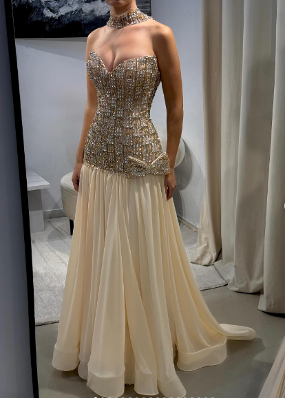 Luxurious Champagne Sweetheart Neck A-line Diamond-Embellished Bow Chiffon Long Prom Dress Evening Dress cc5265