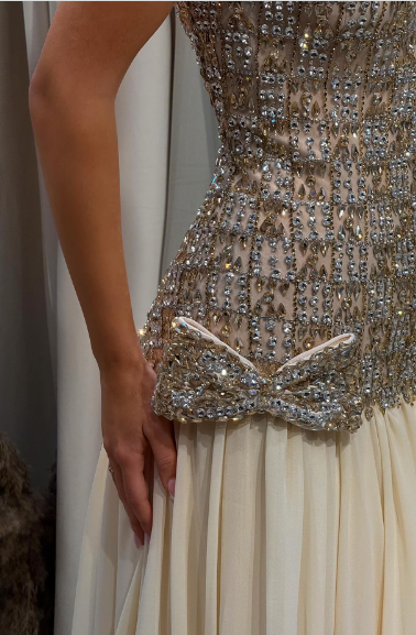 Luxurious Champagne Sweetheart Neck A-line Diamond-Embellished Bow Chiffon Long Prom Dress Evening Dress cc5265