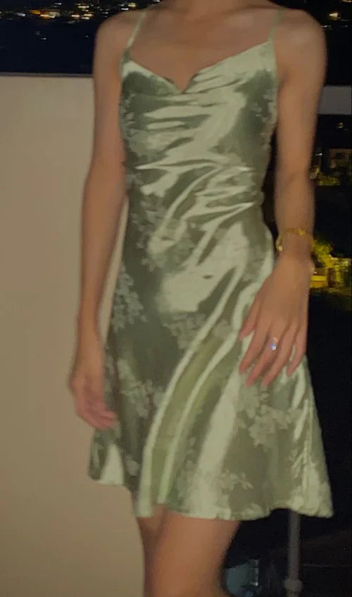 Retro Light Green Suspender Floral Dark Pattern Satin Birthday Skirt Homecoming Dress cc4566