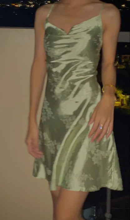 Retro Light Green Suspender Floral Dark Pattern Satin Birthday Skirt Homecoming Dress cc4566