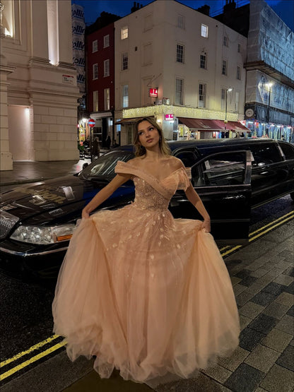 Princess Pink Off-the-shoulder V-Neck Sparkling Diamond Tulle Train Prom Dress Evening Dress cc5267