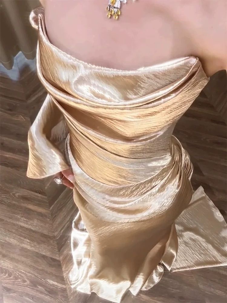 Elegant Champagne Gold Mermaid Ruched Satin Train Prom Dress Evening Dress cc5269