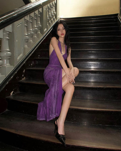 Sexy Deep Purple Halter Deep V-Neck High Slit Backless Tulle Long Prom Dress Evening Dress cc5270