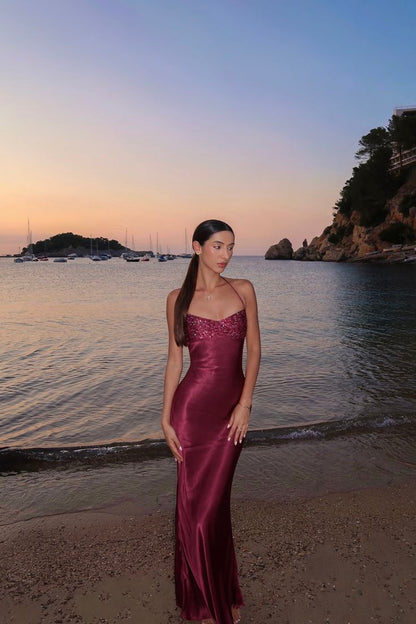 Sexy Burgundy Bodycon Halter Backless Satin Long Prom Dress Evening Dress cc5386