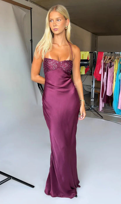 Sexy Burgundy Bodycon Halter Backless Satin Long Prom Dress Evening Dress cc5386