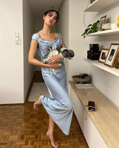Elegant Light Blue Bodycon Ruffled Satin Long Prom Dress Evening Dress Bridesmaid Dress cc5391