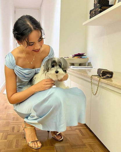 Elegant Light Blue Bodycon Ruffled Satin Long Prom Dress Evening Dress Bridesmaid Dress cc5391