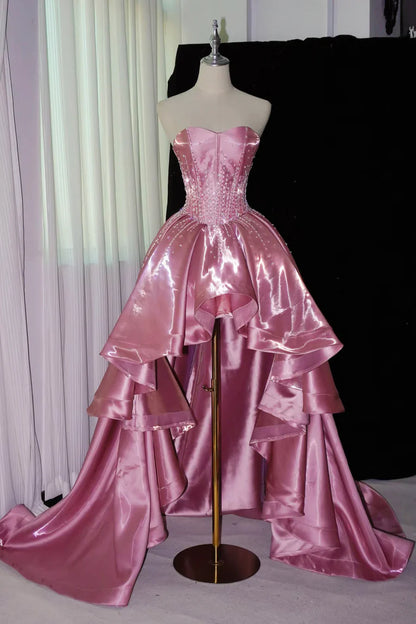 Princess Pink Strapless Beaded High-Low Train Satin Prom Dress Evening Dress cc5394