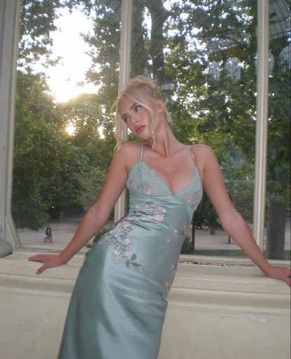 French-Style Mint Green Spaghetti Strap V-neck Lace Satin Prom Dress Evening Dress cc5395