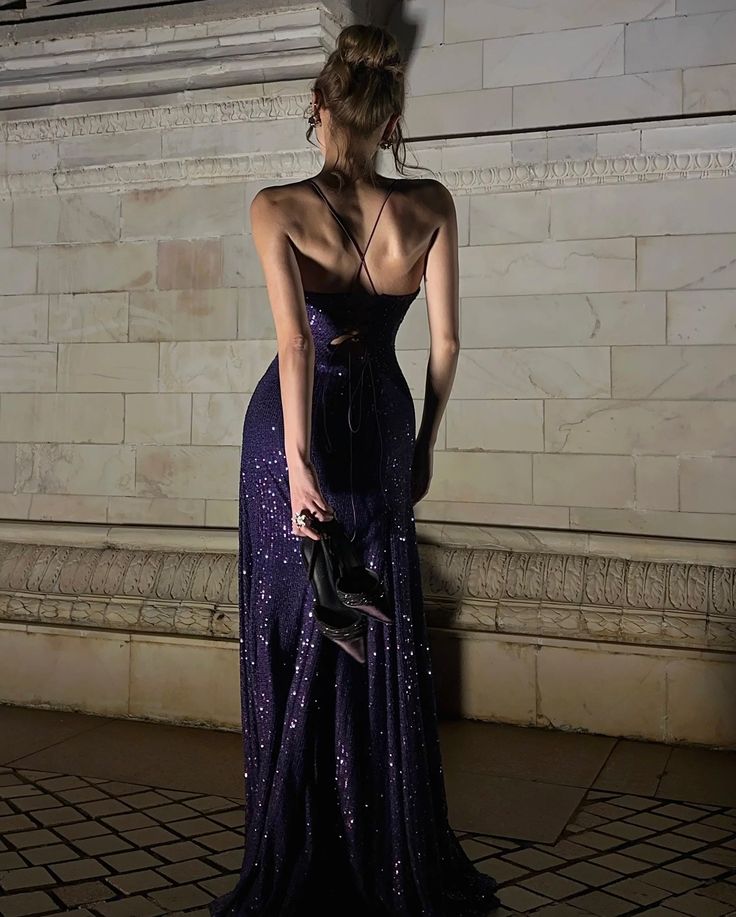 Glamorous Deep Purple A-line Spaghetti Strap V-neck Slit Sequin Long Prom Dress Evening Dress cc5397