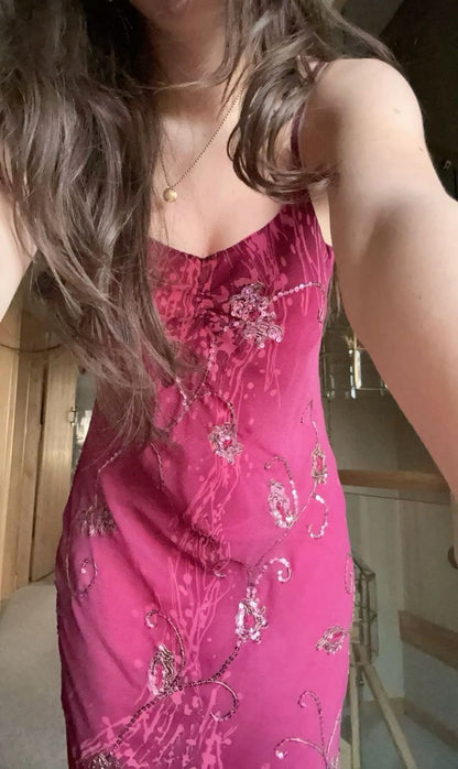 Beautiful Pink Spaghetti Strap Sequin Floral Chiffon Irrgular Prom Dress Evening Dress cc5398