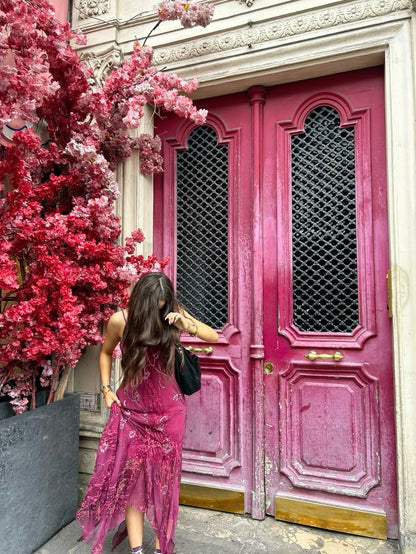 Beautiful Pink Spaghetti Strap Sequin Floral Chiffon Irrgular Prom Dress Evening Dress cc5398