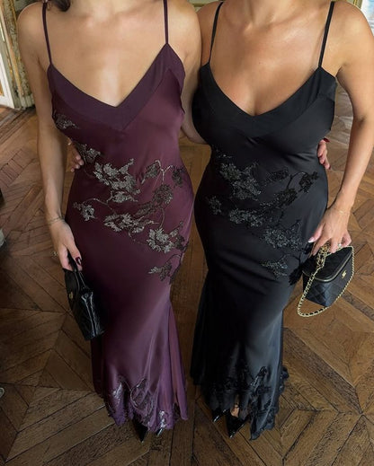 Vintage Elegant Burgundy Spaghetti Strap V-neck Satin Long Prom Dress Evening Dress cc5399