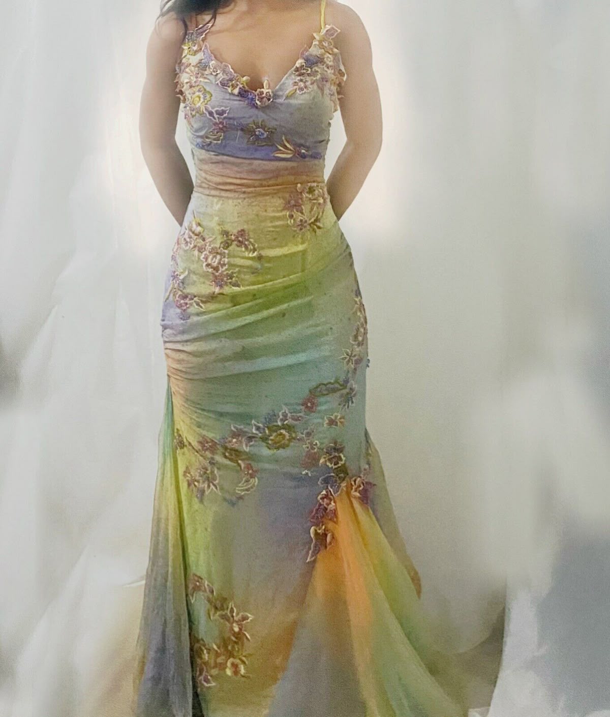 Stunning Gradient Spaghetti Strap V-neck Floral Embroidered Tulle Long Prom Dress Evening Dress cc5400