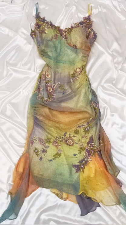 Stunning Gradient Spaghetti Strap V-neck Floral Embroidered Tulle Long Prom Dress Evening Dress cc5400