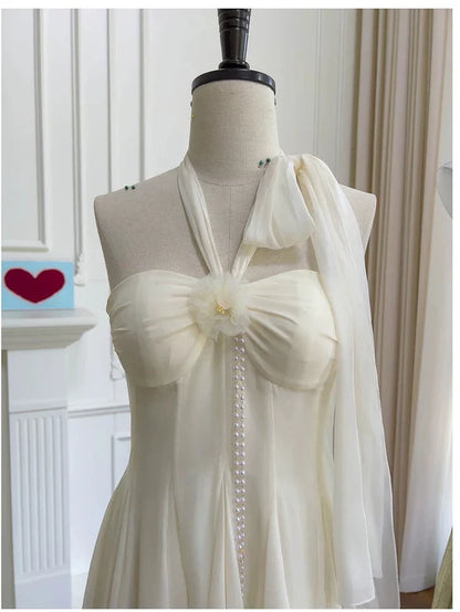 Elegant Ivory Halterneck Floral Ribbon Chiffon Mini 17th Birthday Homecoming Dress cc4604