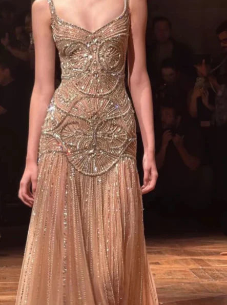 Vintage Green A-line Spaghetti Strap Beaded Tulle Long Prom Dress Evening Dress cc5406