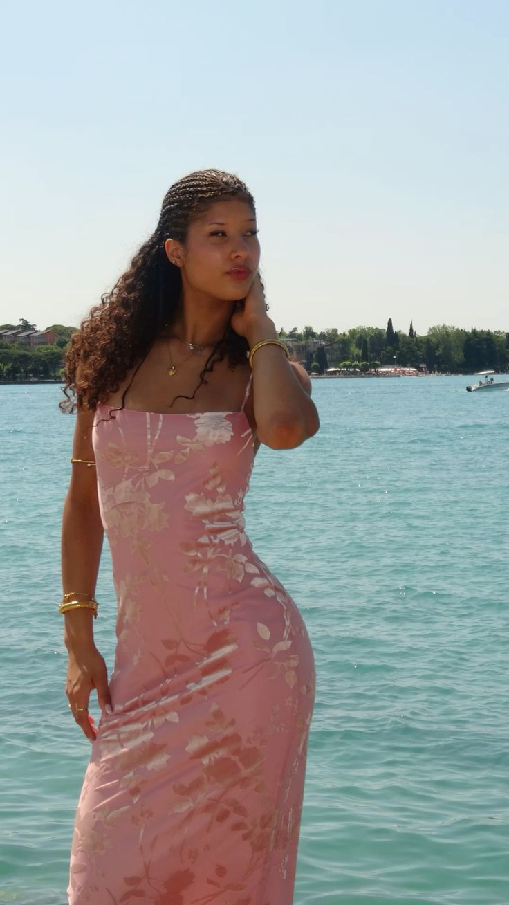 Elegant Pink Square Neck Spaghetti Strap Floral Print Satin Long Prom Dress Evening Dress cc5412