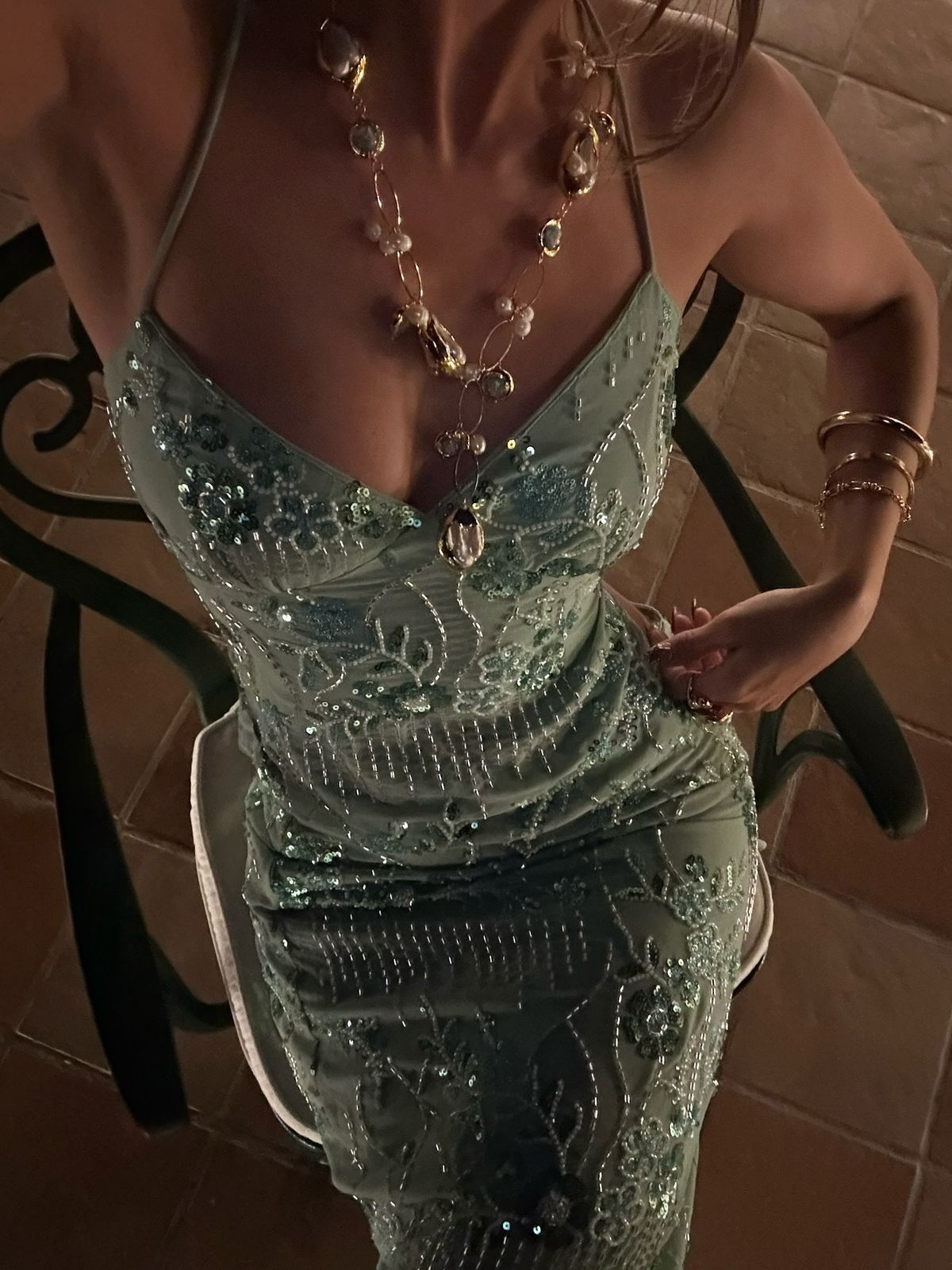 Luxurious Mint Green Halter Neck V-Neck Mermaid Open Back Sequin Beaded Tulle Long Prom Dress Evening Dress cc5414