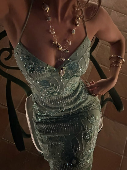 Luxurious Mint Green Halter Neck V-Neck Mermaid Open Back Sequin Beaded Tulle Long Prom Dress Evening Dress cc5414