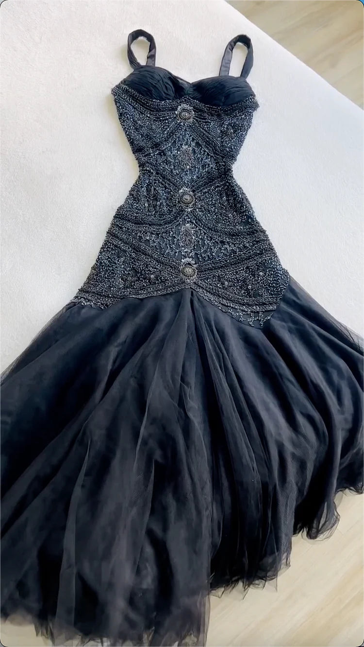 Vintage Black Spaghetti Strap Mermaid Custom Tulle Long Prom Dress Evening Dress cc5418
