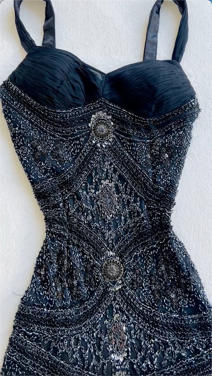 Vintage Black Spaghetti Strap Mermaid Custom Tulle Long Prom Dress Evening Dress cc5418