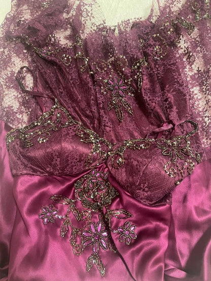 Vintage Plum Spaghetti Strap V-Neck Beaded Lace Satin Prom Dress Evening Dress cc5420