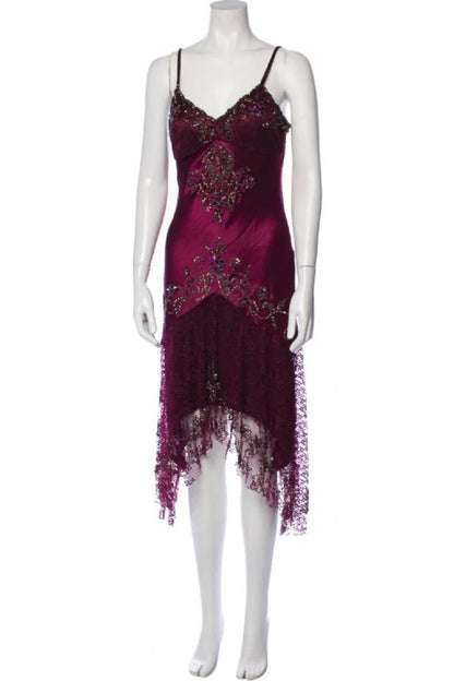 Vintage Plum Spaghetti Strap V-Neck Beaded Lace Satin Prom Dress Evening Dress cc5420