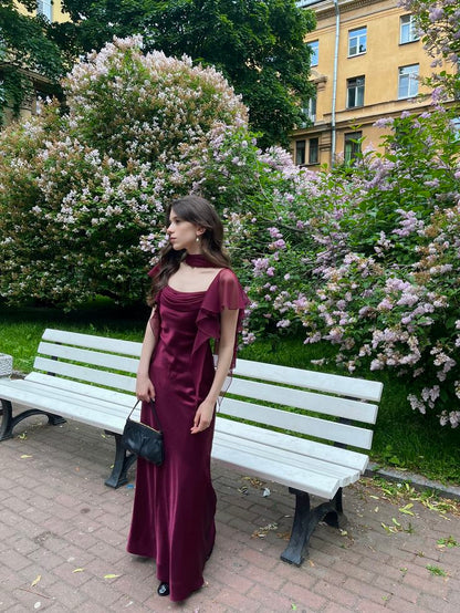 Vintage Burgundy Square Neck Ruffle Short Sleeve Satin Long Prom Dress Evening Dress cc5423