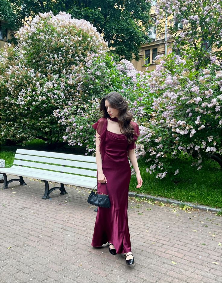 Vintage Burgundy Square Neck Ruffle Short Sleeve Satin Long Prom Dress Evening Dress cc5423