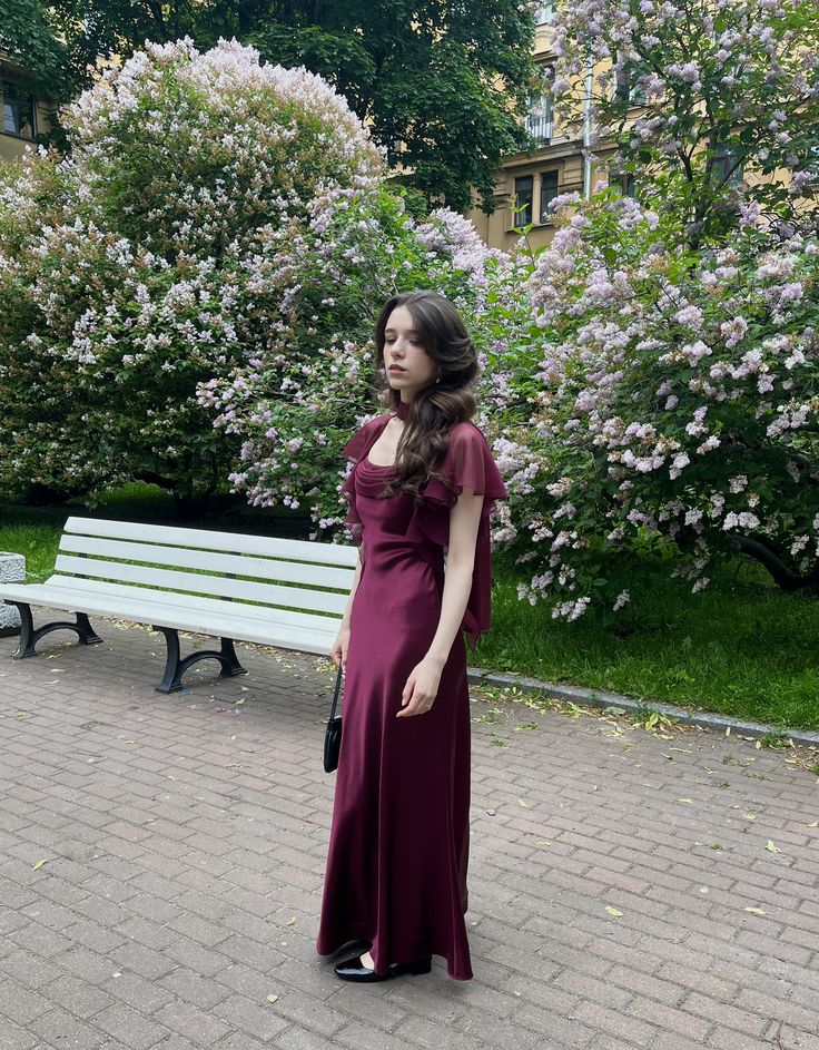 Vintage Burgundy Square Neck Ruffle Short Sleeve Satin Long Prom Dress Evening Dress cc5423