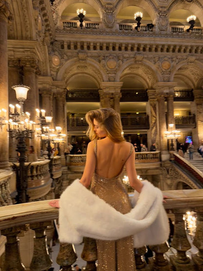 Gorgeous Champagne Gold Mermaid Halter V-neck Sequin Long Prom Dress Evening Dress cc5428