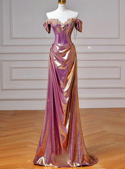 Dreamy Purple Gold Off-the-Shoulder Mermaid 3D Floral Satin Long Prom Dress Evening Dress cc5430