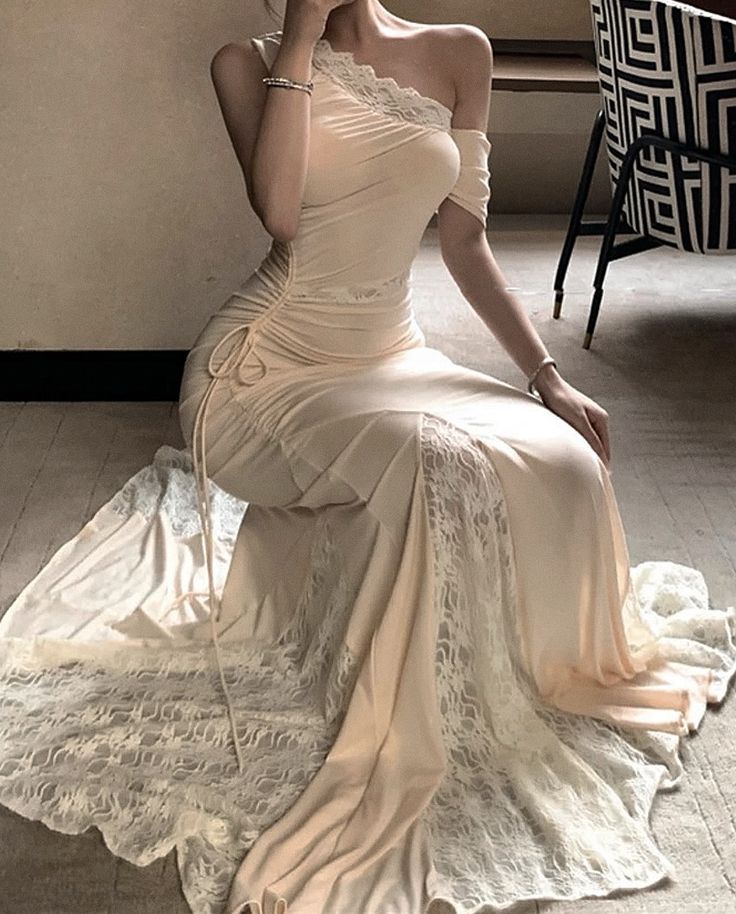 Elegant Cream Apricot Mermaid One-Shoulder Lace Satin Long Prom Dress Evening Dress cc5434