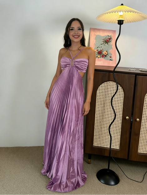 Elegant Lavender Halter Cross V-Neck Ruched Satin Long Prom Dress Evening Dress cc5441