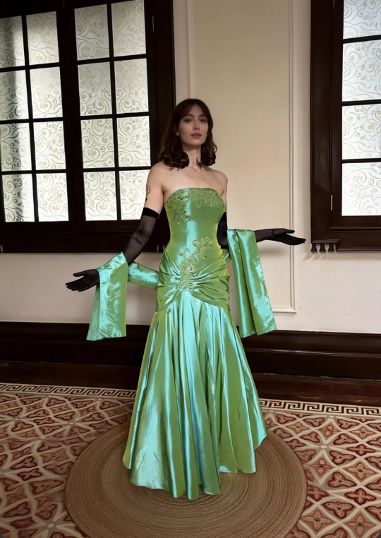 Elegant Mint Green Strapless A-Line Embroidered Satin Long Prom Dress Evening Dress cc5451