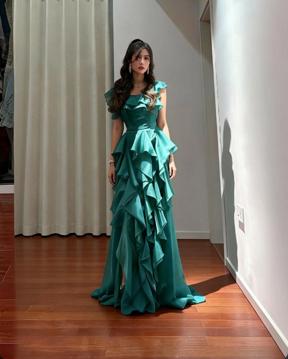 Elegant Emerald Green Split Square Neck Ruffle Chiffon Long Prom Dress Evening Dress cc5452