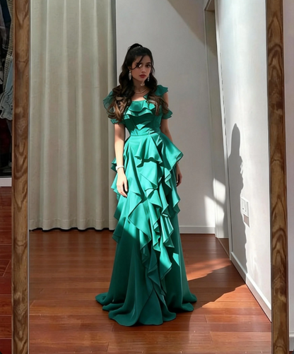 Elegant Emerald Green Split Square Neck Ruffle Chiffon Long Prom Dress Evening Dress cc5452