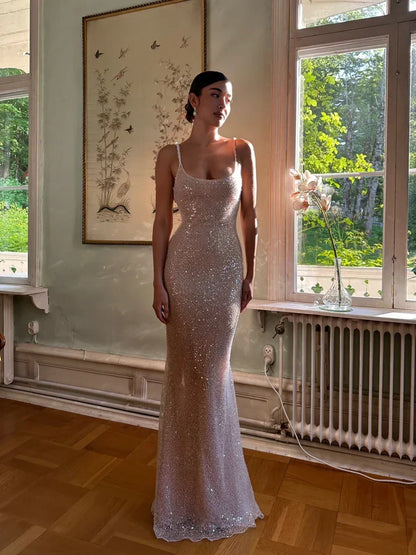 Elegant Pink Glittering Sequin Mermaid Spaghetti Strap Prom Dress Party Dress Evening Dress HZ1024