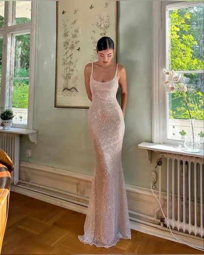 Elegant Pink Glittering Sequin Mermaid Spaghetti Strap Prom Dress Party Dress Evening Dress HZ1024
