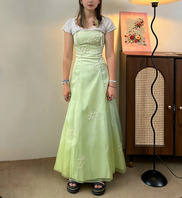 Fresh Light Green Strapless Embroidered Tulle A-Line Long Prom Dress Evening Dress cc5455